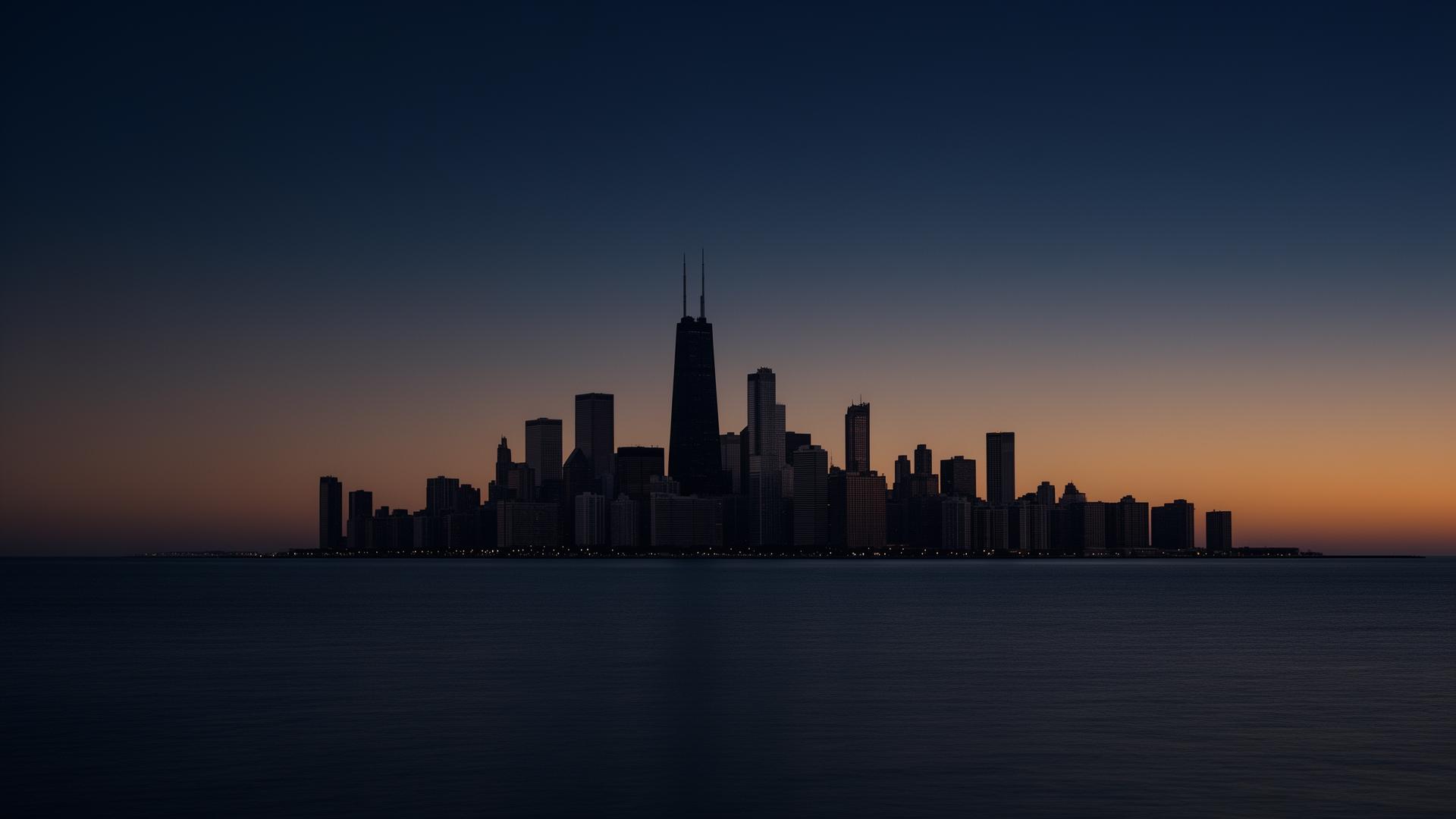 Chicago skyline at golden hour over Lake Michigan