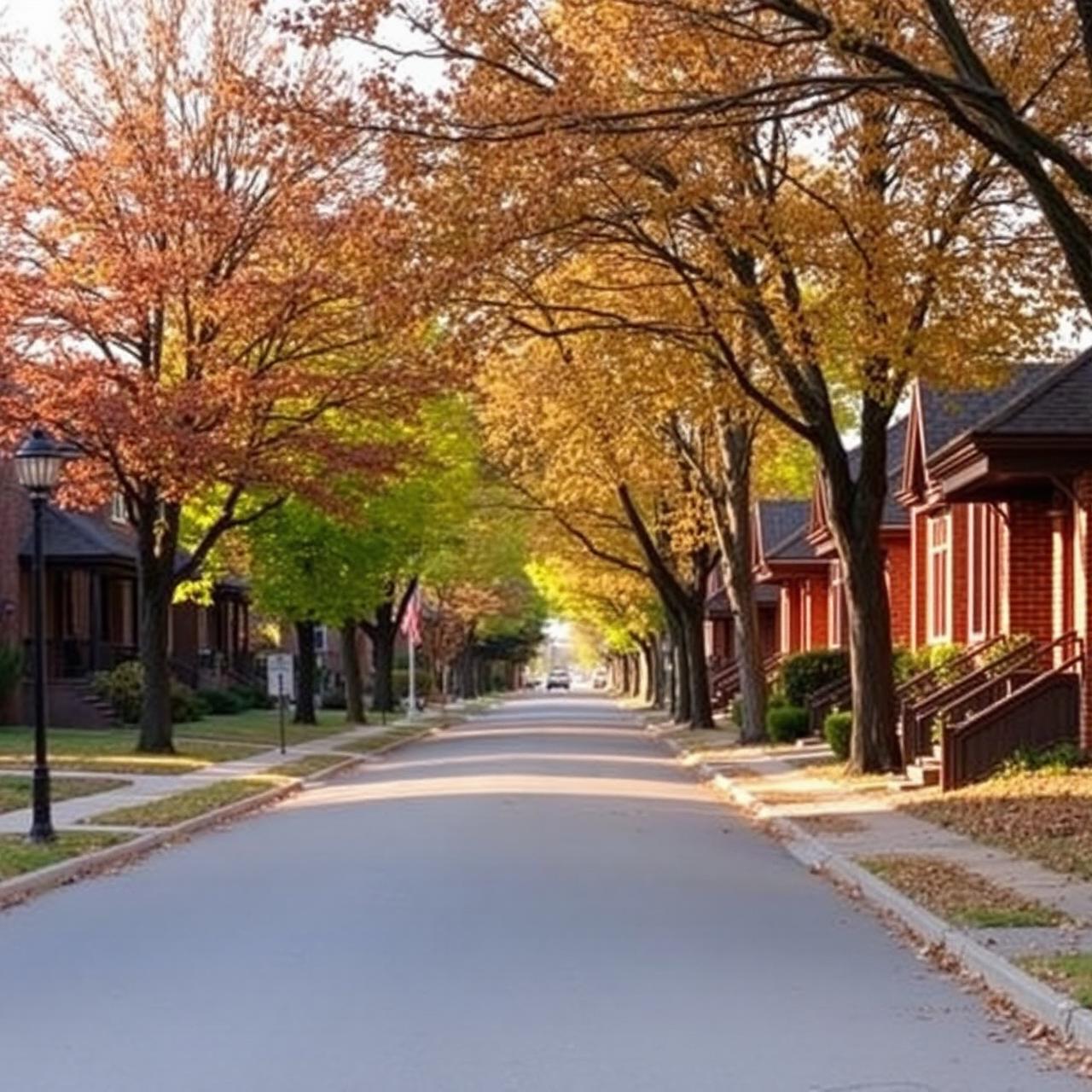 Tree-lined Chicago suburb street with classic brick homes